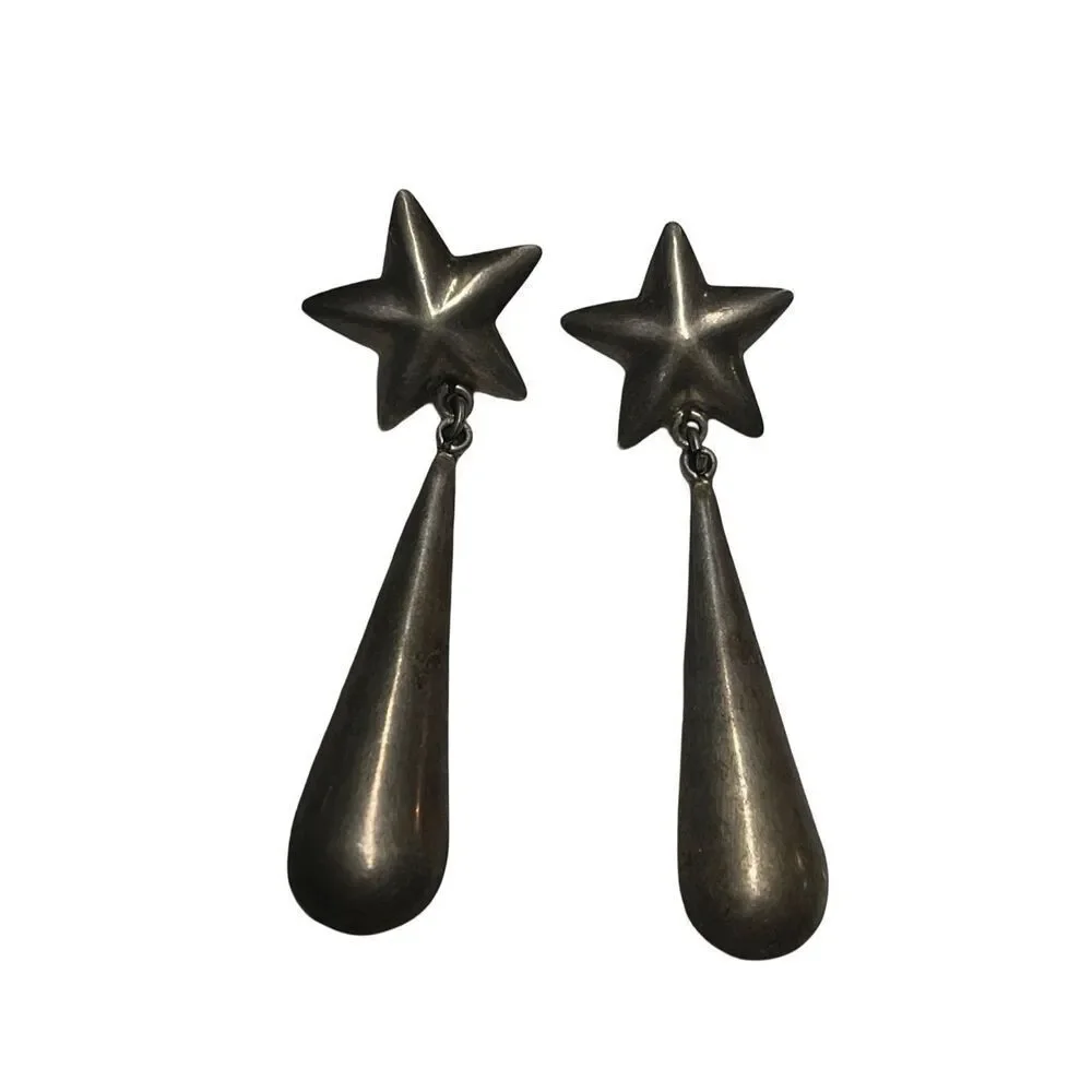 SOLD Rare Taxco Sterling Silver Star Drop Earrings Vintage 1970s - Picture 2 of 11